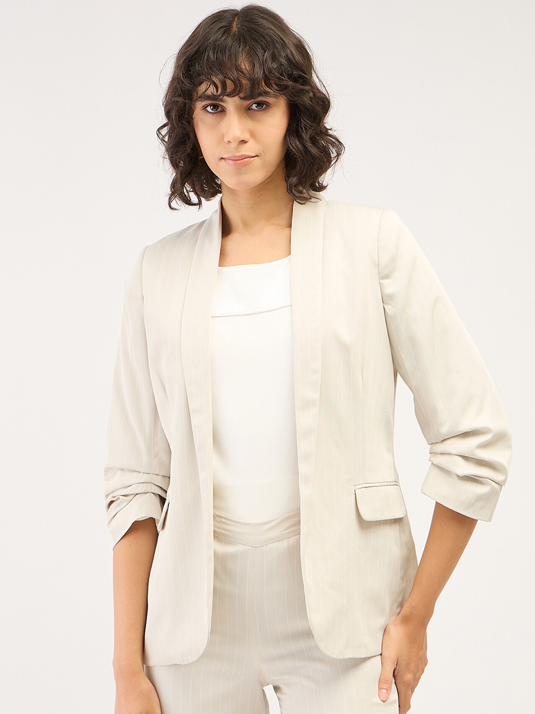 

SALT ATTIRE Striped Single-Breasted Casual Blazer, White