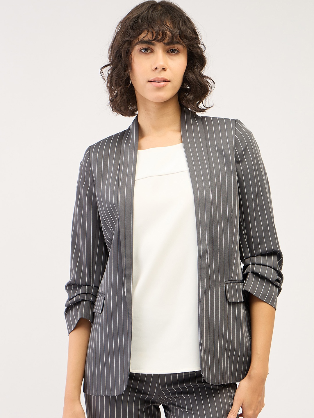 

SALT ATTIRE Striped Open Front Tailored-Fit Casual Blazer, Grey