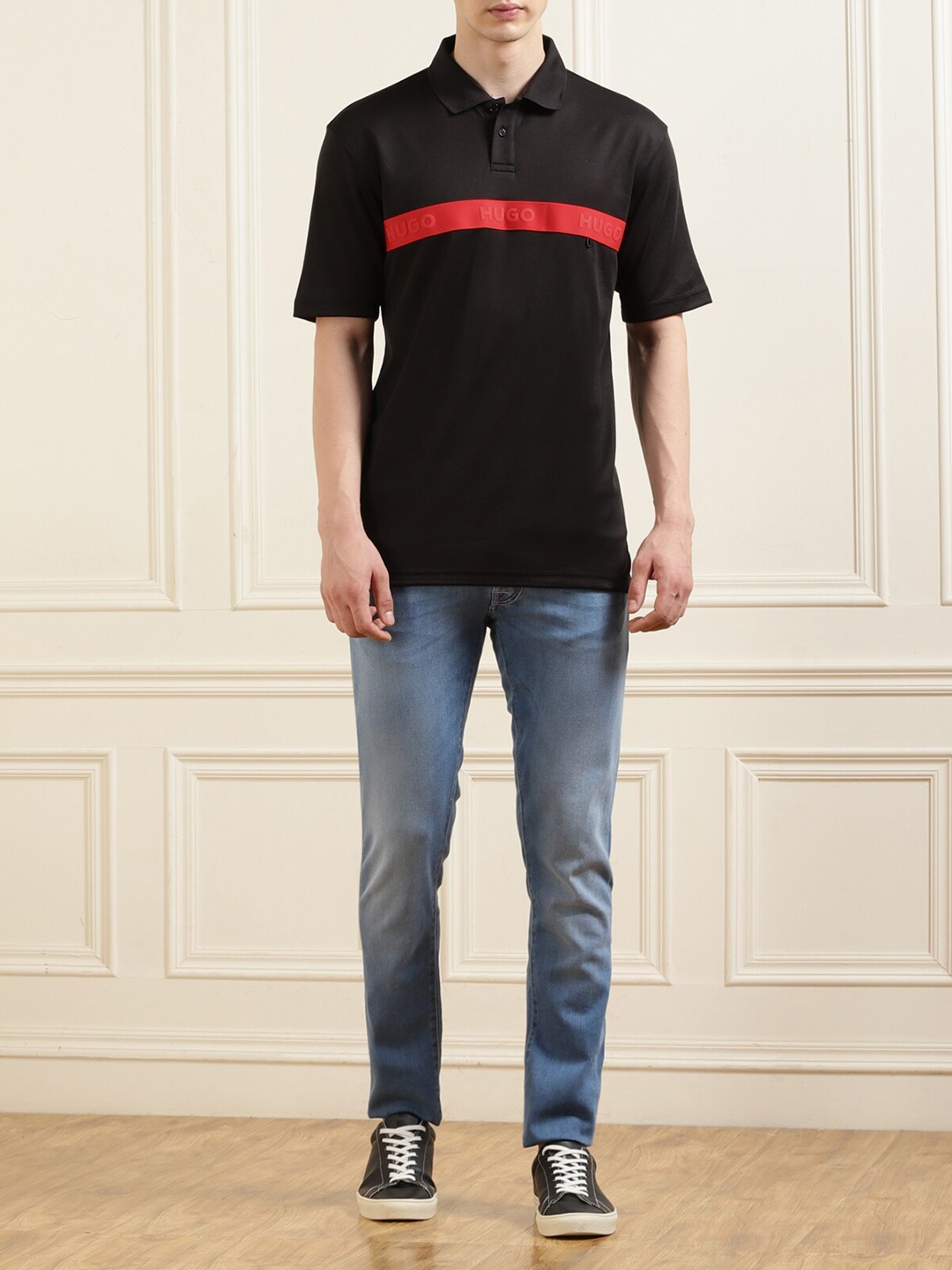 

HUGO Men Striped Brand Logo Polo Collar T-shirt, Black