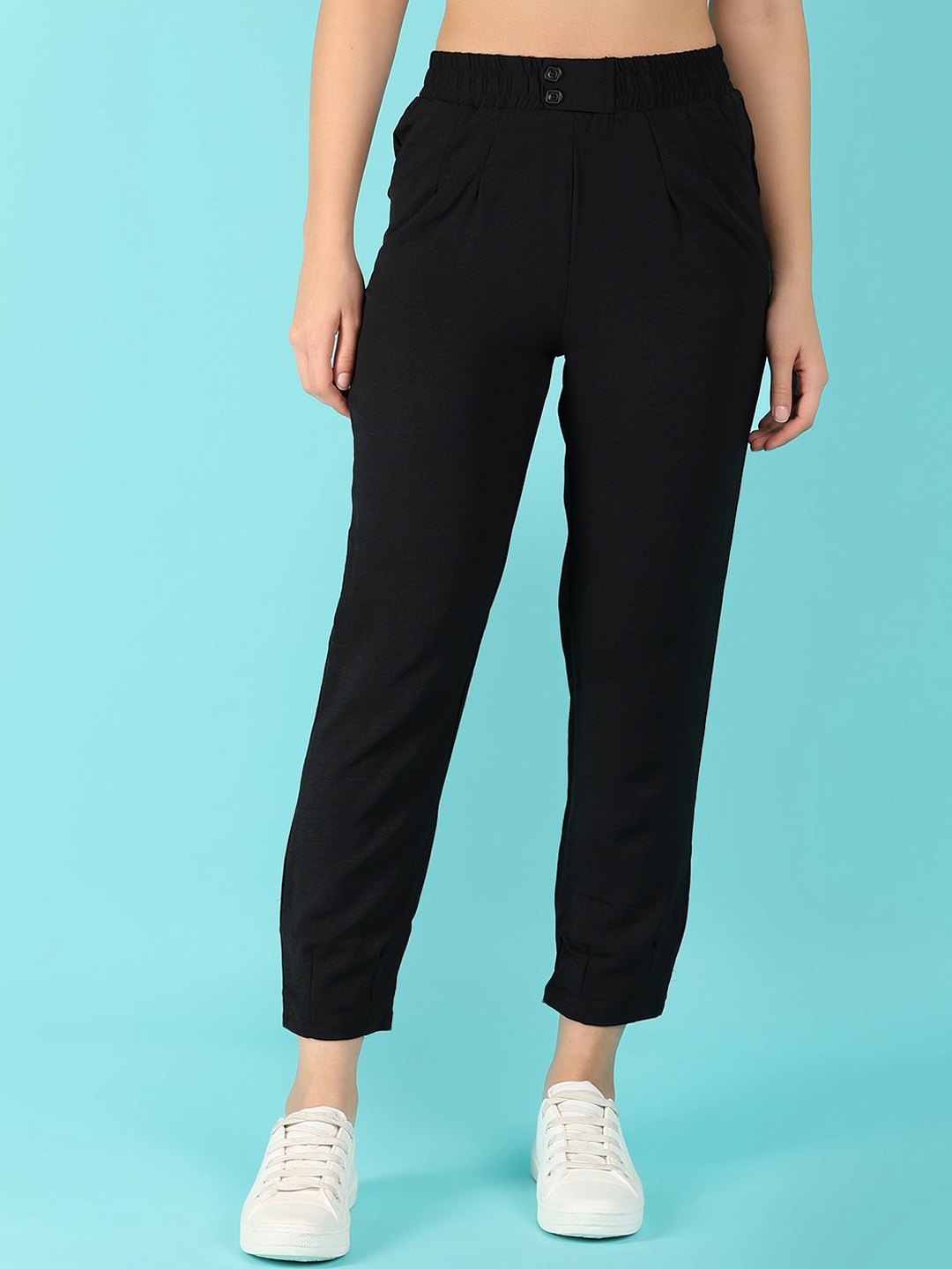 

V-Mart Women Mid-Rise Pleated Cotton Joggers Trousers, Black