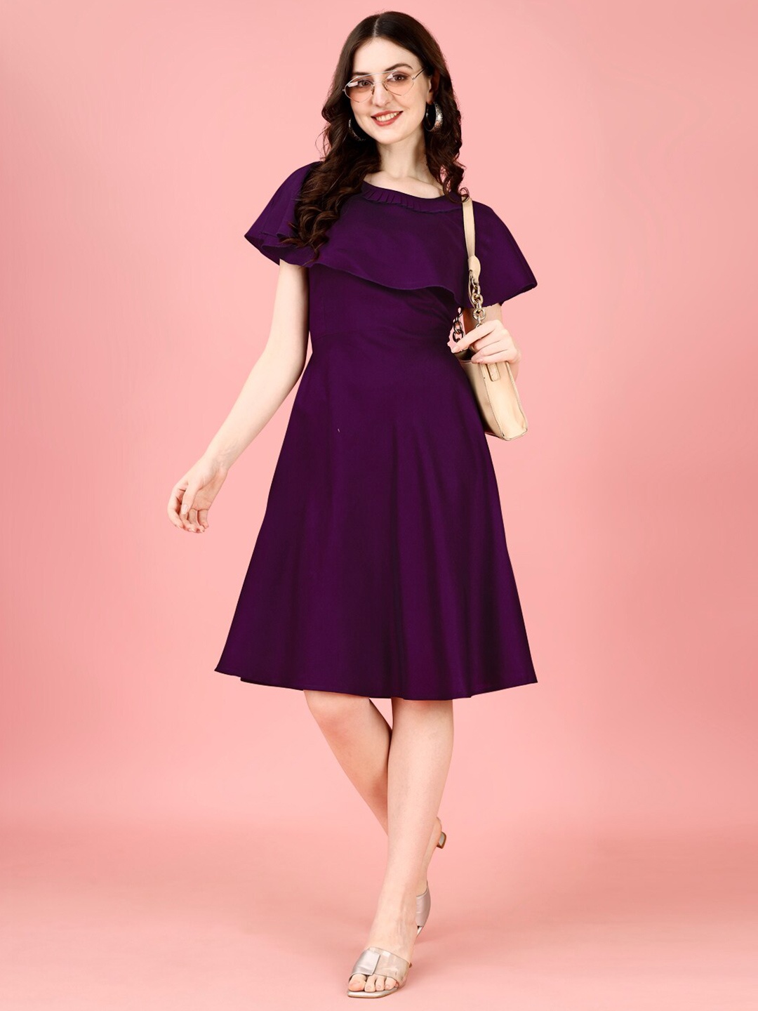 

Kinjo Round Neck Cape Sleeves Formal Fit & Flare Dress, Purple