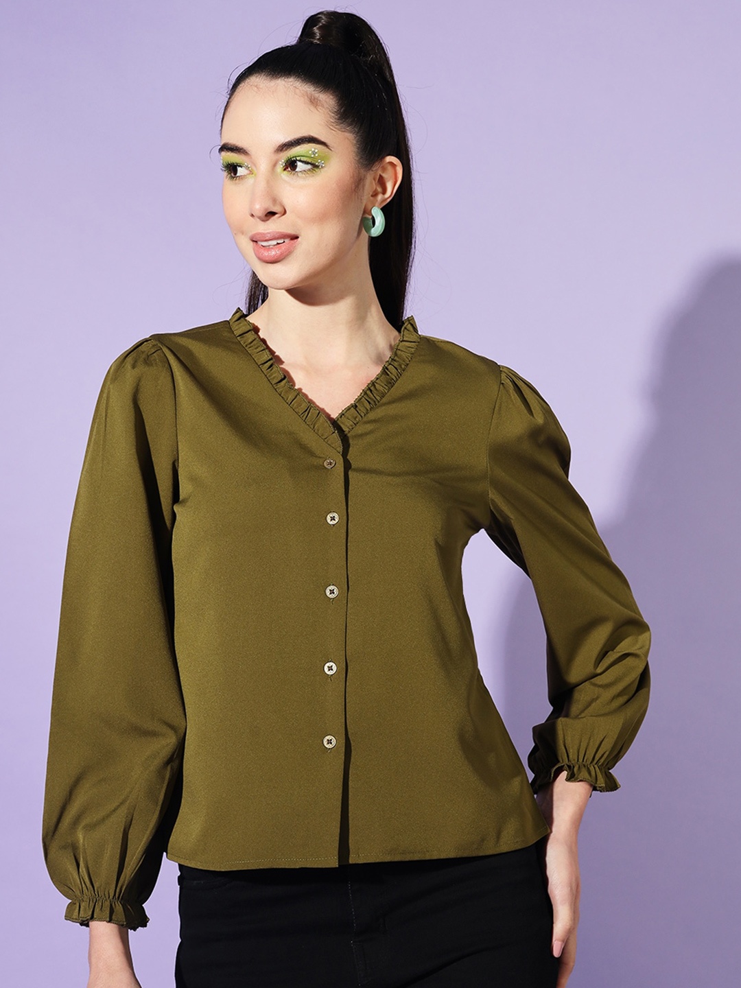 Slenor Women Solid Round Neck Crepe Shirt Style Top, Olive
