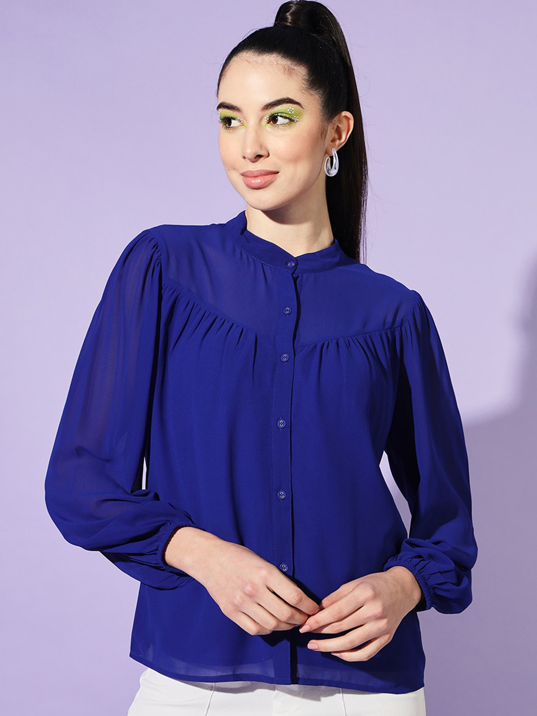 

Slenor Women Mandarin Collar Georgette Shirt Style Top, Blue