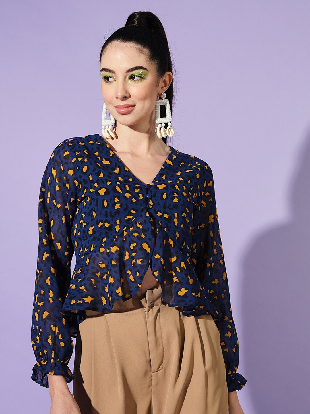 

Slenor Women Printed V-Neck Georgette Top, Navy blue