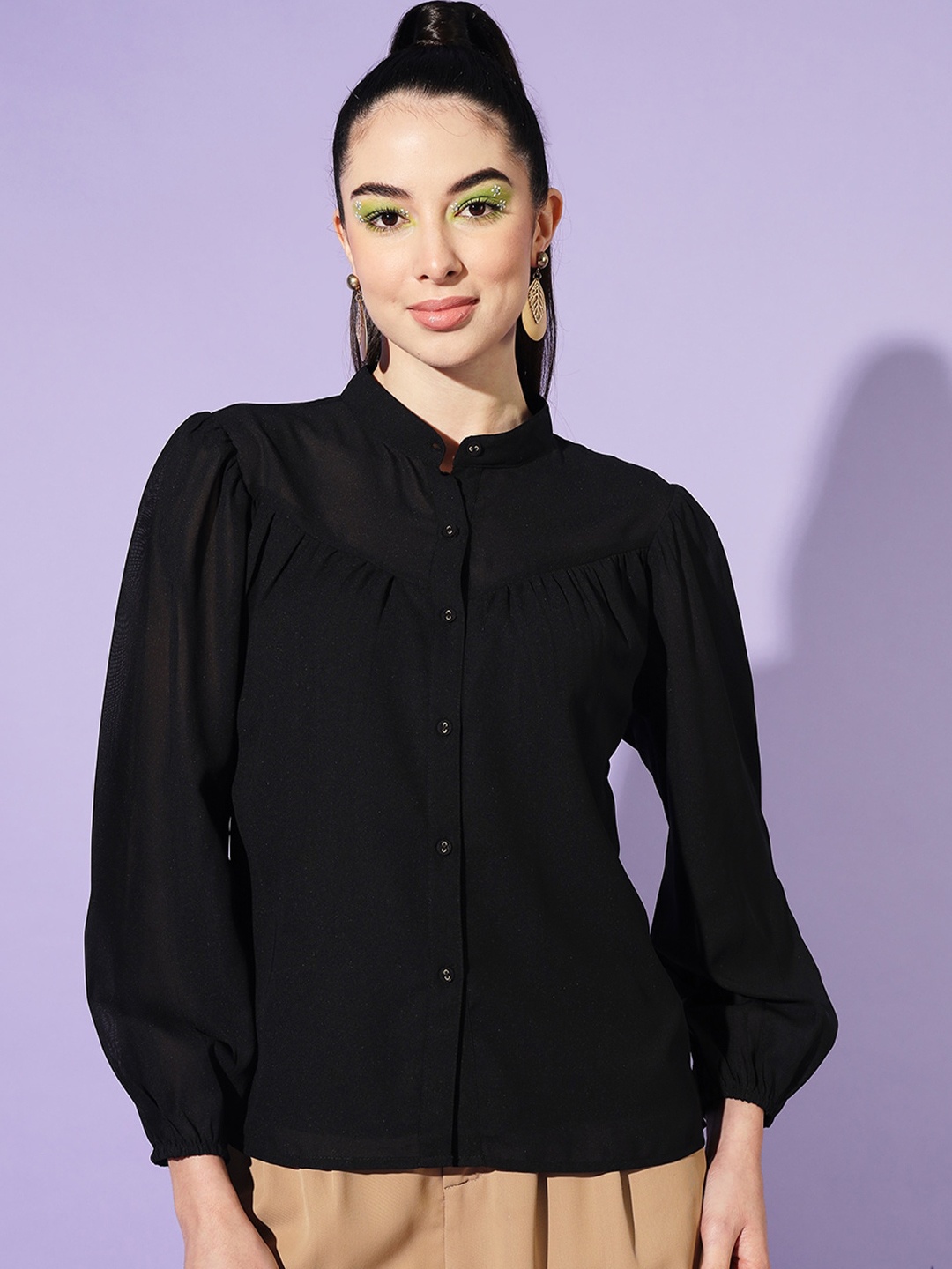 

Slenor Women Solid Mandarin Collar Puff Sleeve Georgette Shirt Style Top, Black