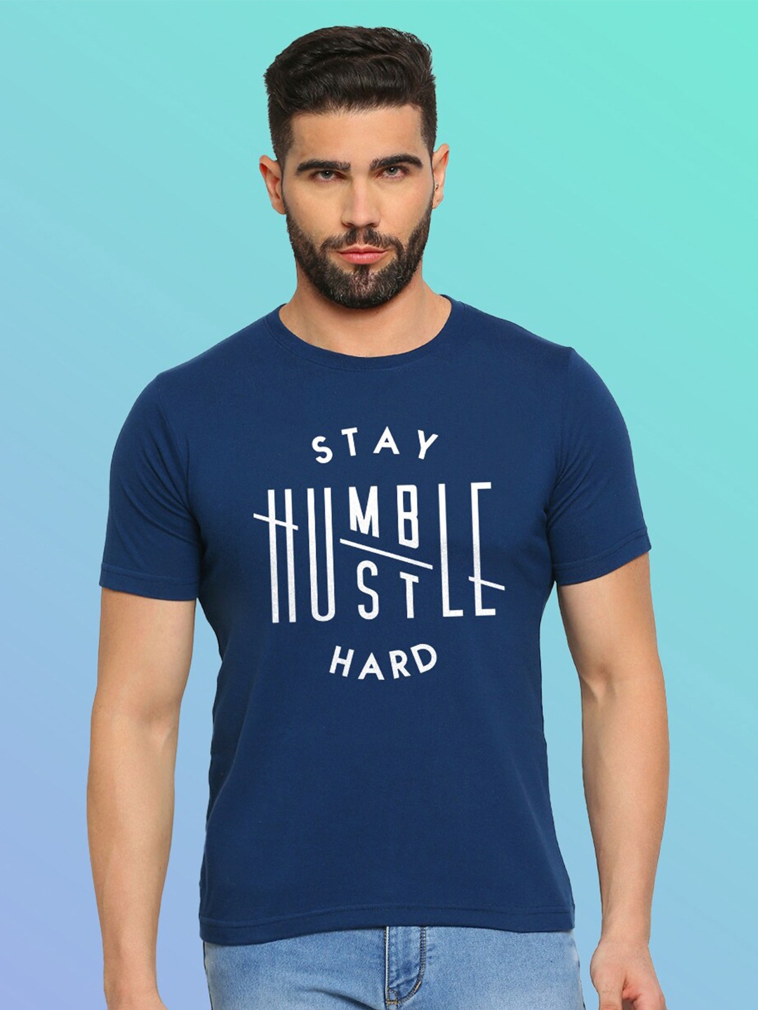 MOD ECRU Unisex Typography Printed Regular Fit T-shirt, Blue