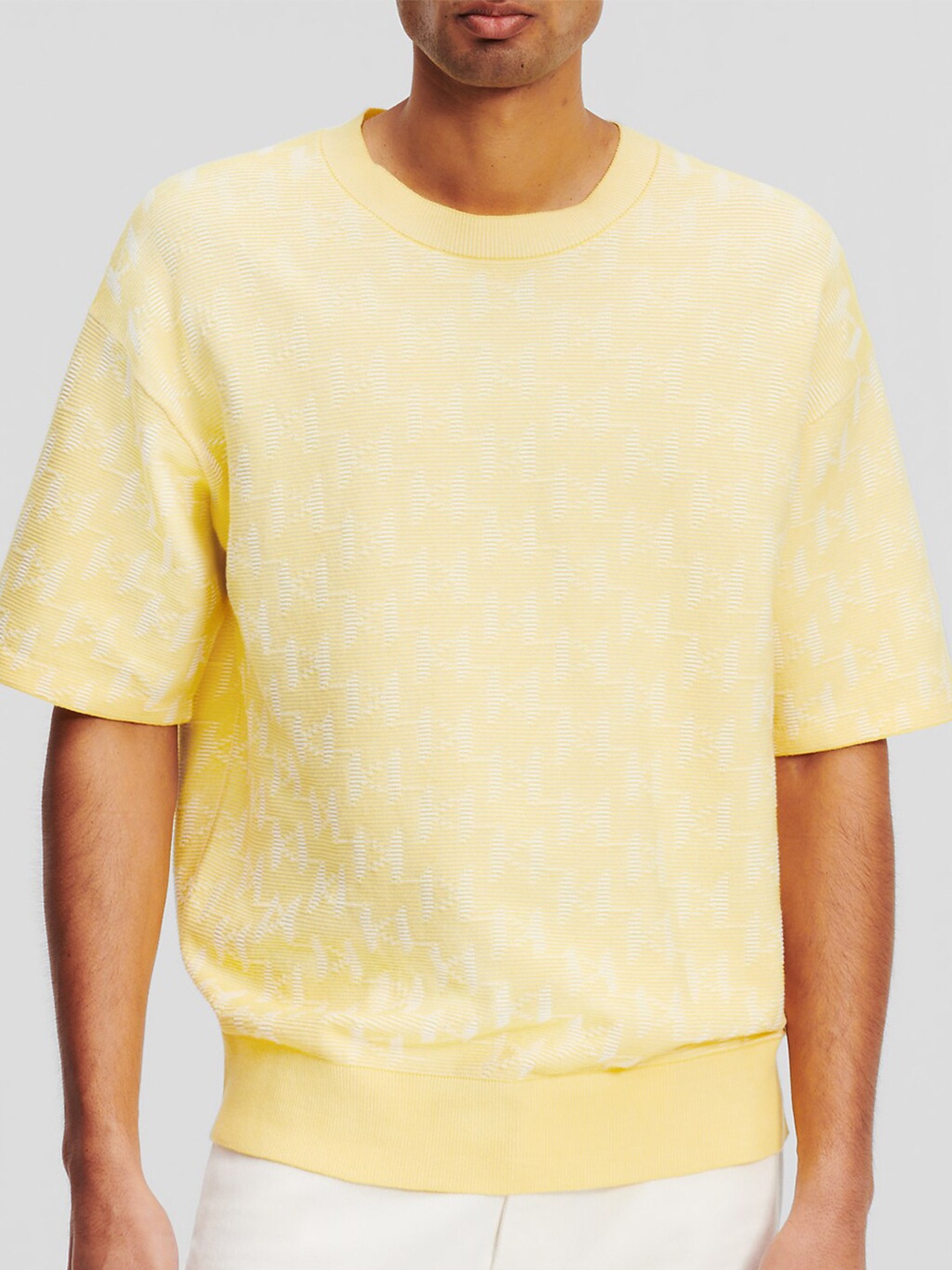 

Karl Lagerfeld Men Round Neck Drop-Shoulder Sleeves Cotton T-shirt, Yellow
