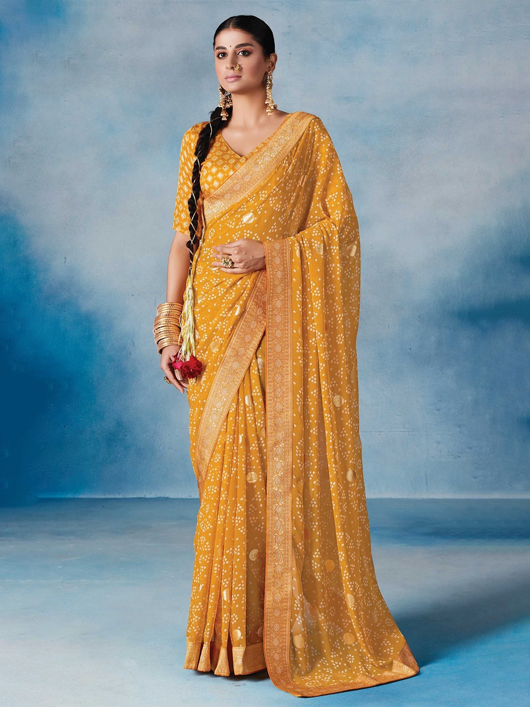 

Mitera Bandhani Zari Poly Georgette Saree, Yellow