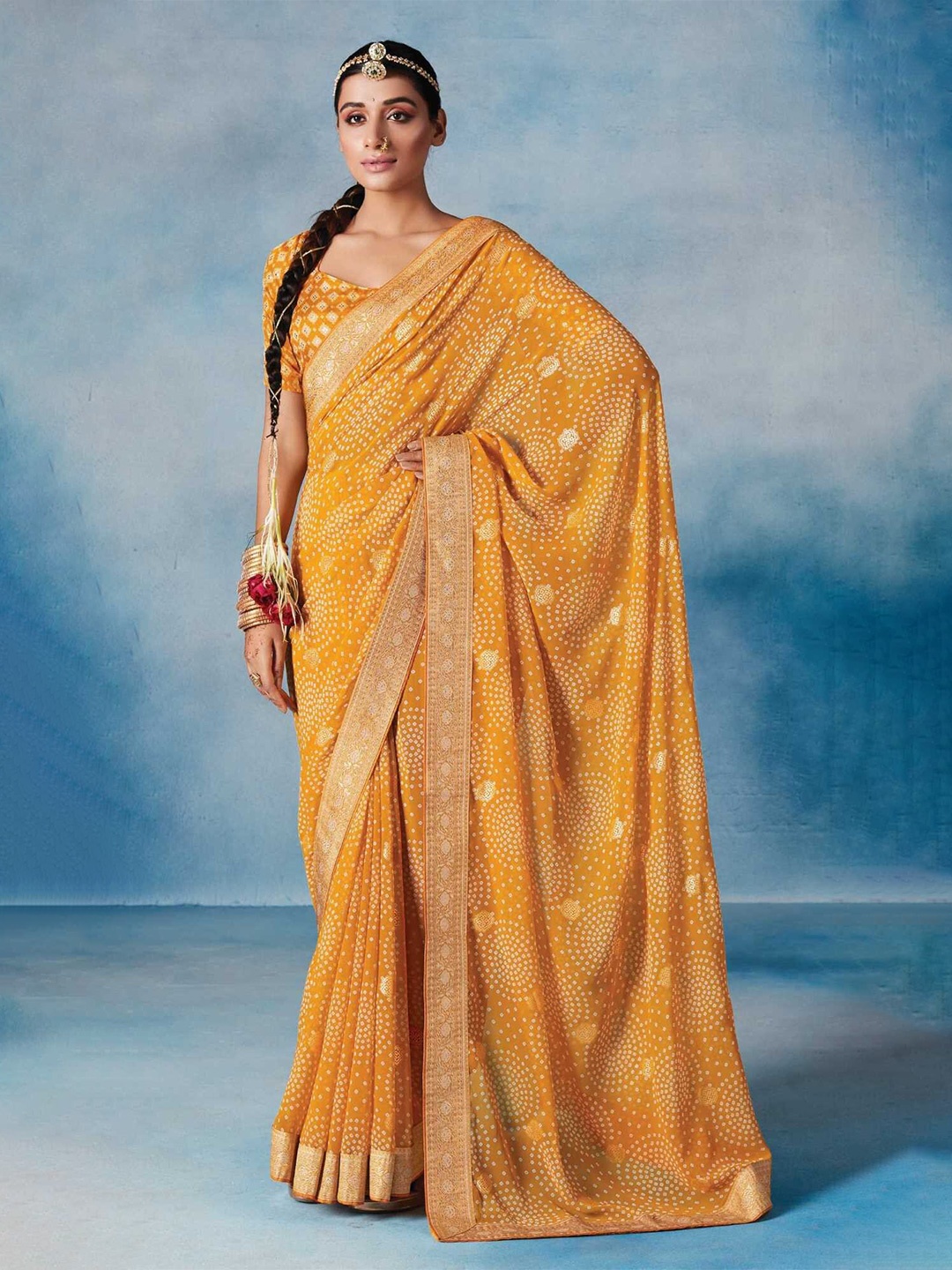 

Mitera Bandhani Poly Georgette Designer Saree, Yellow
