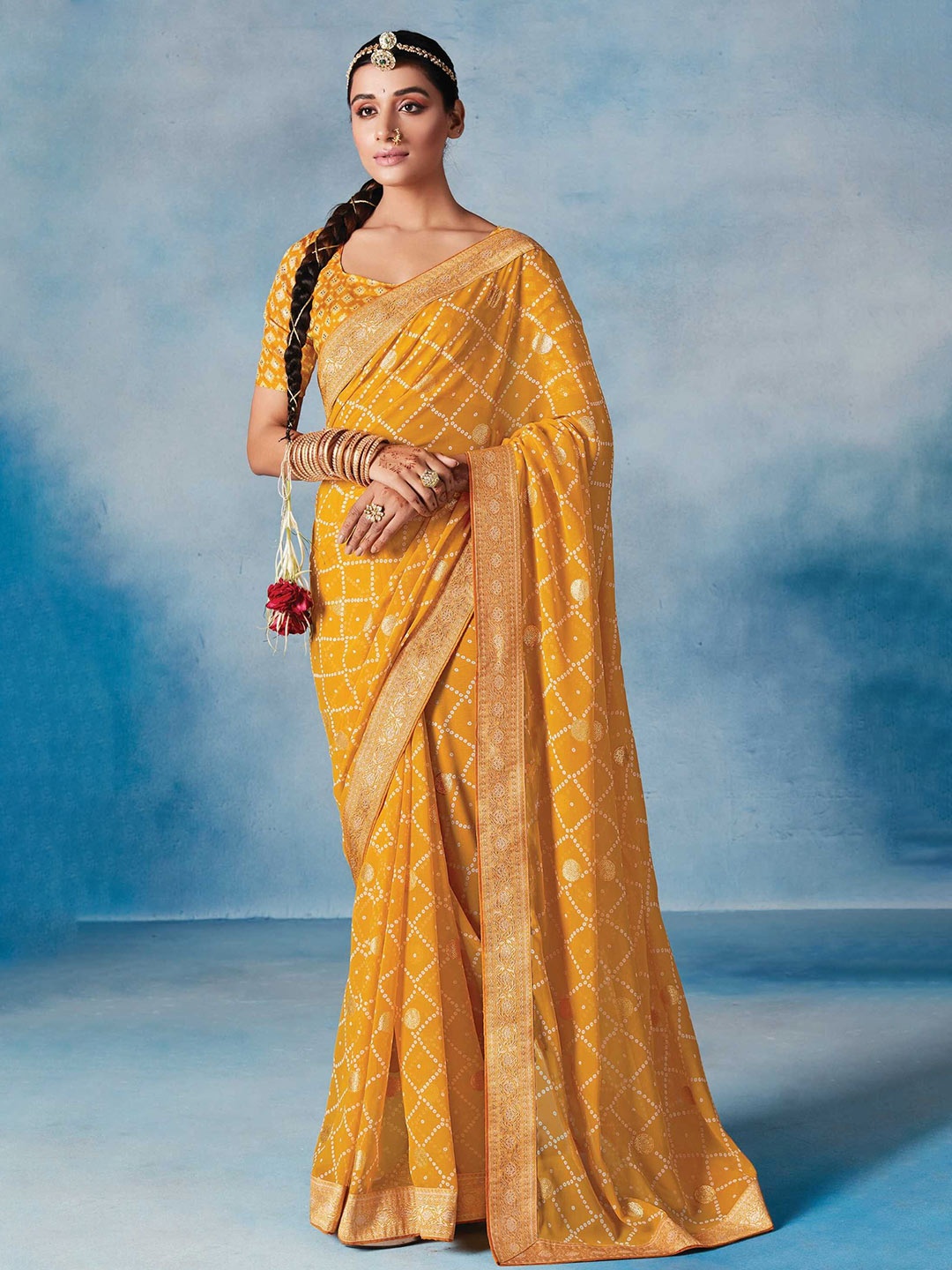 

Mitera Bandhani Zari Poly Georgette Saree, Yellow