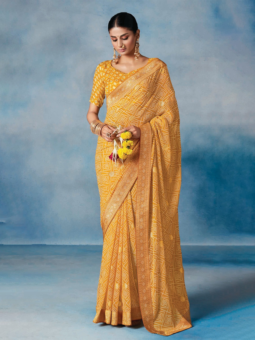 

Mitera Bandhani Poly Georgette Saree, Yellow