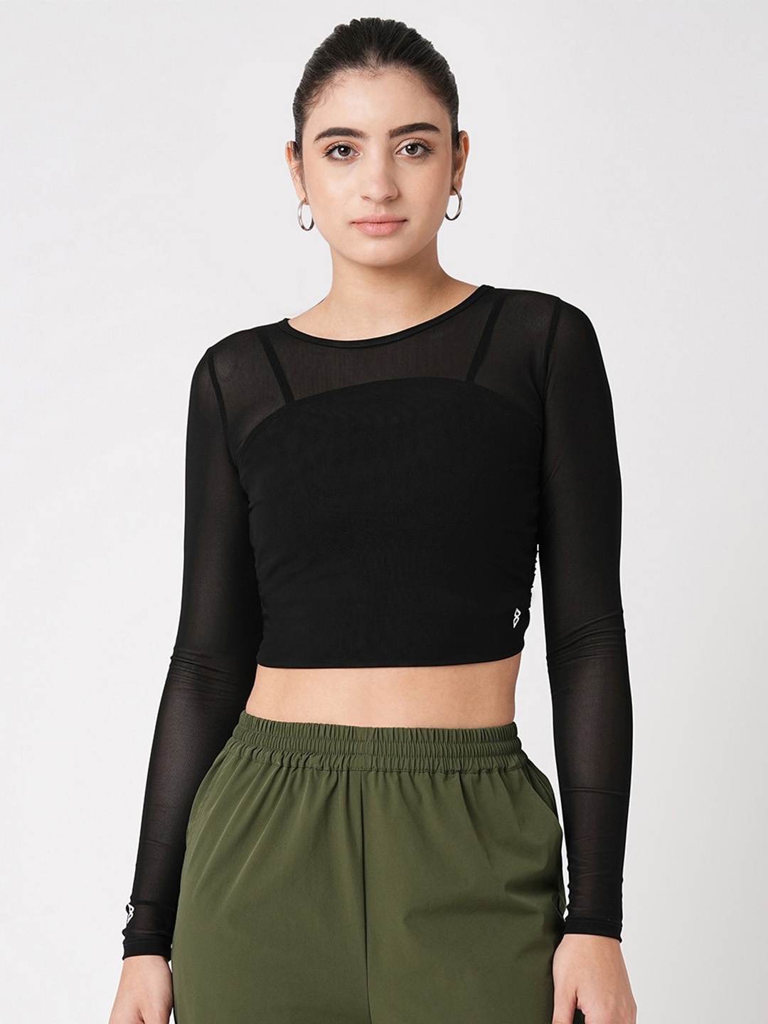 

BODD ACTIVE Women Round Neck Sheer Top, Black