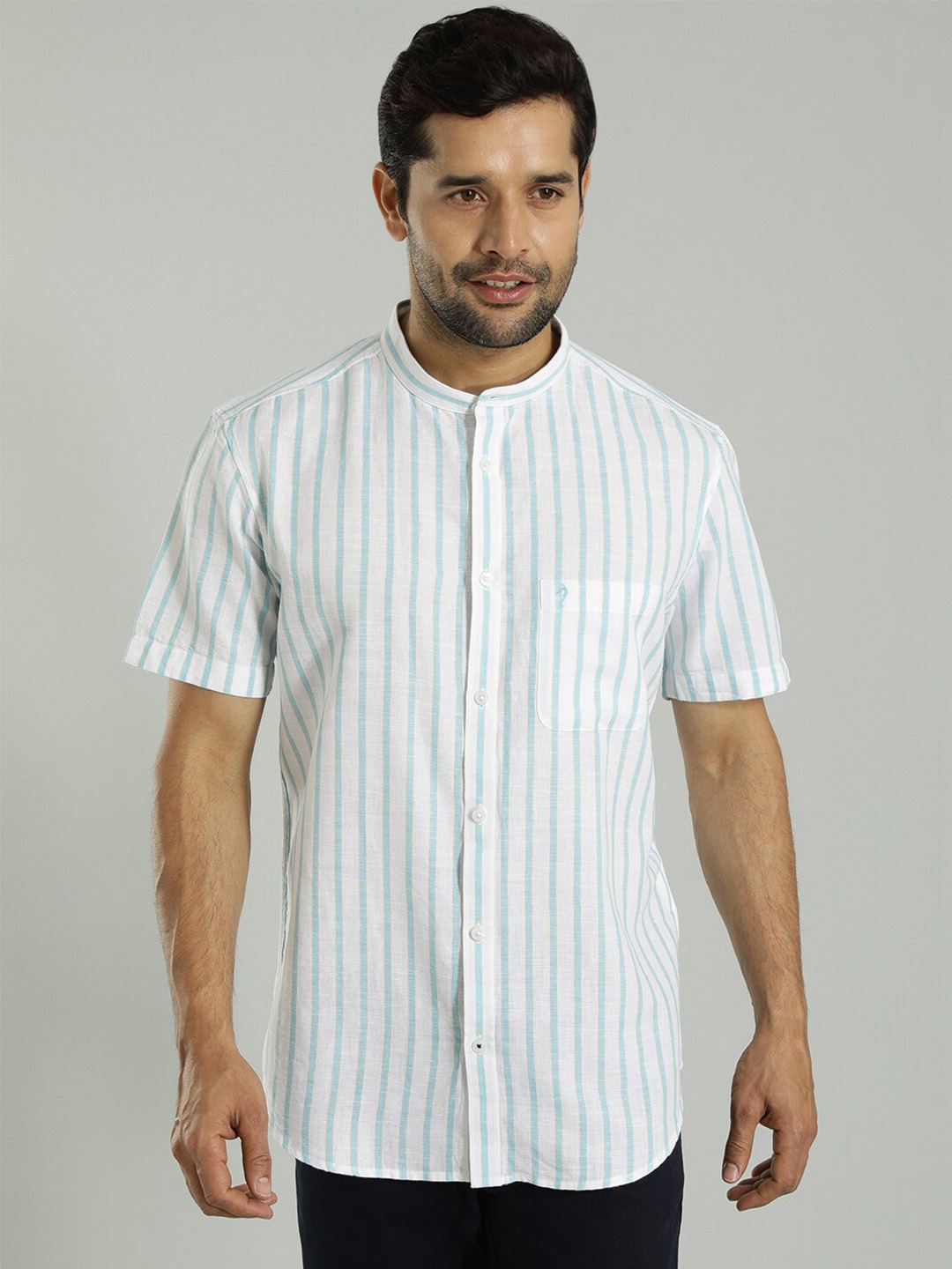 

Indian Terrain Slim Fit Striped Cotton Linen Casual Shirt, Blue