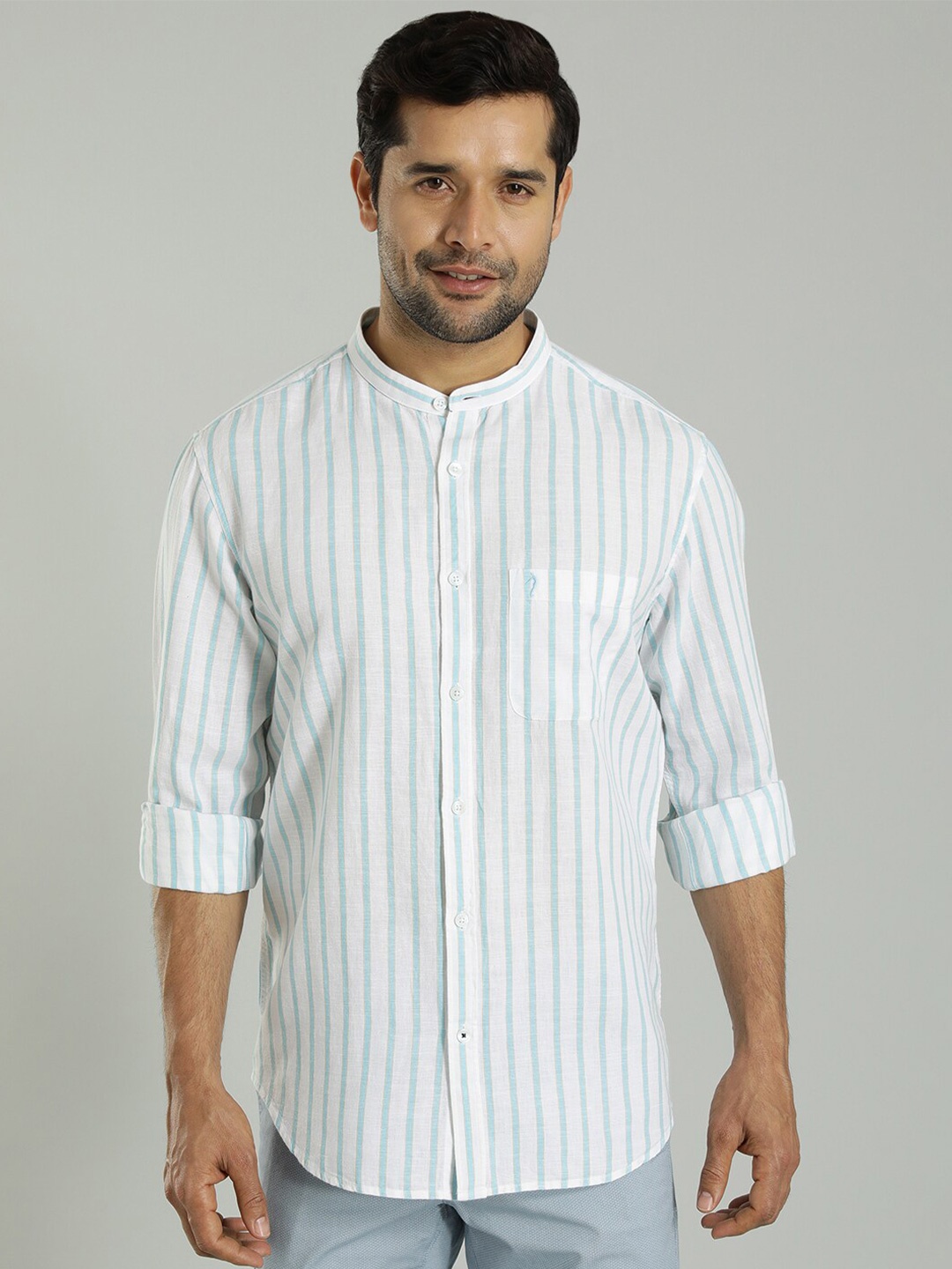 

Indian Terrain Slim Fit Striped Mandarin Collar Cotton Linen Casual Shirt, Blue