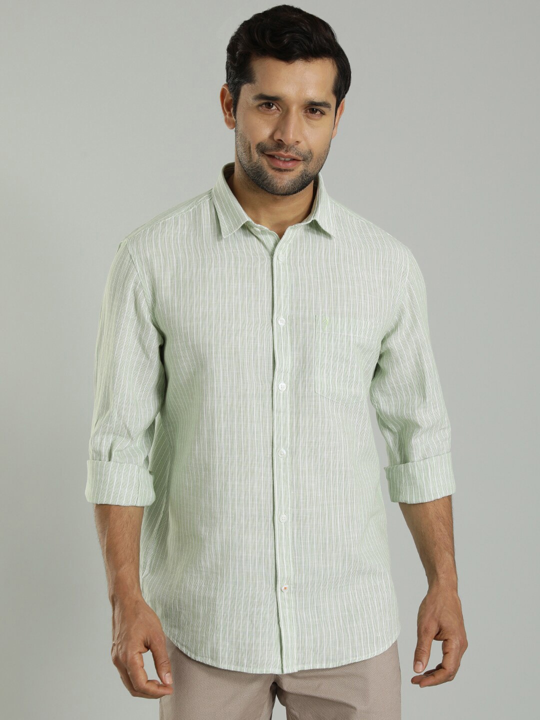 

Indian Terrain Slim Fit Striped Cotton Linen Casual Shirt, Green