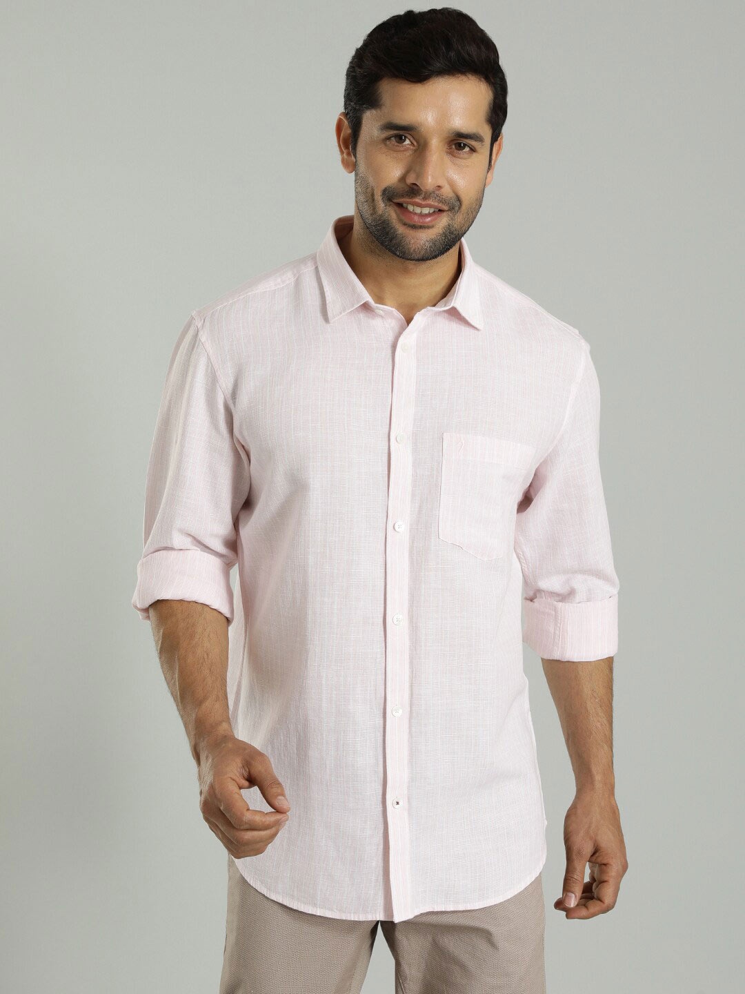 

Indian Terrain Slim Fit Striped Cotton Linen Casual Shirt, Pink