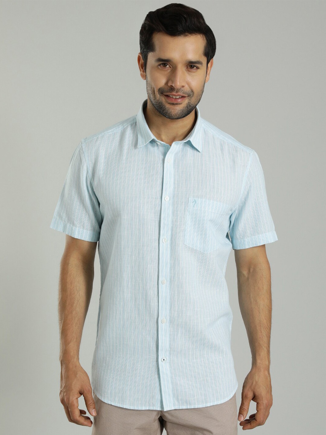 

Indian Terrain Slim Fit Striped Cotton Linen Casual Shirt, Blue