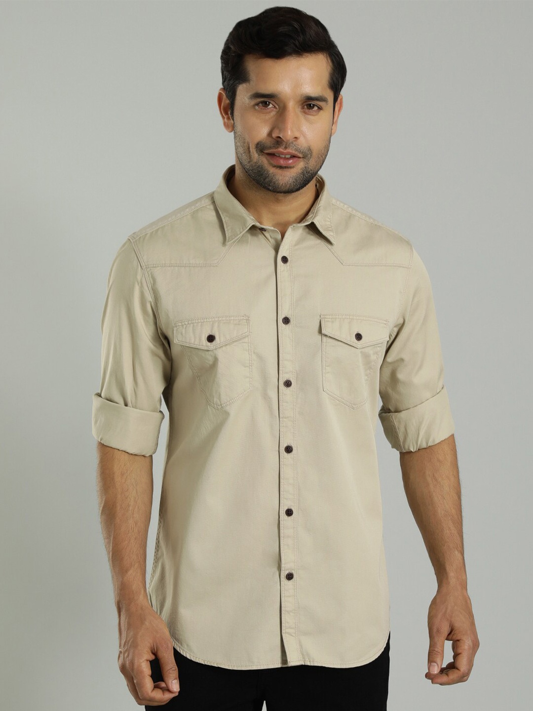 

Indian Terrain Slim Fit Flap Pockets Cotton Casual Shirt, Brown