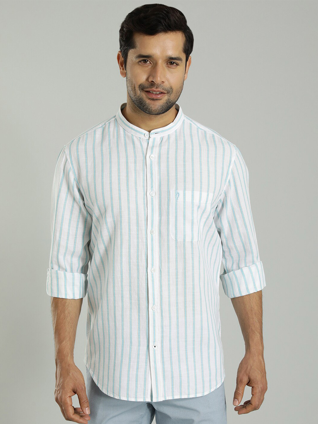 

Indian Terrain Slim Fit Striped Mandarin Collar Cotton Linen Casual Shirt, Blue