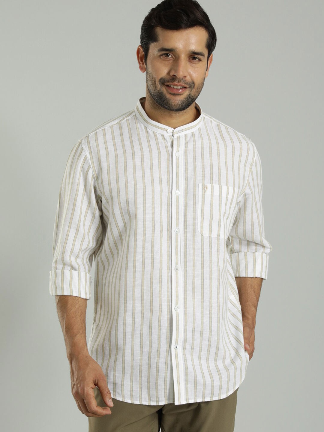 

Indian Terrain Vertical Striped Slim Fit Cotton Opaque Casual Shirt, Brown