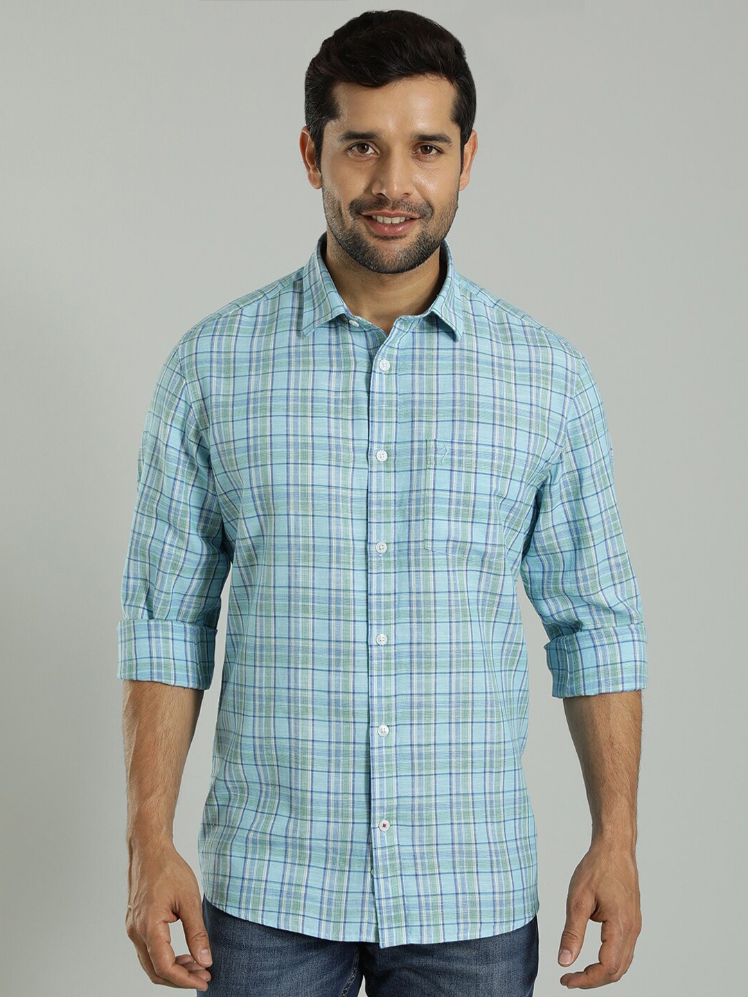 

Indian Terrain Fit Tartan Checked Cotton Linen Casual Shirt, Blue