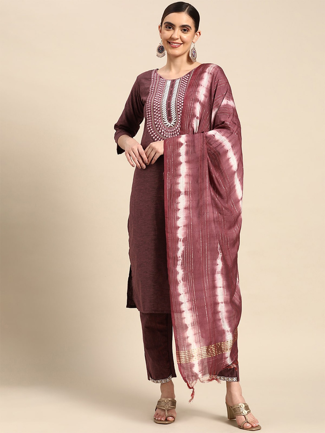 

ODETTE Floral Embroidered Round Neck Straight Kurta With Trousers & Dupatta, Purple