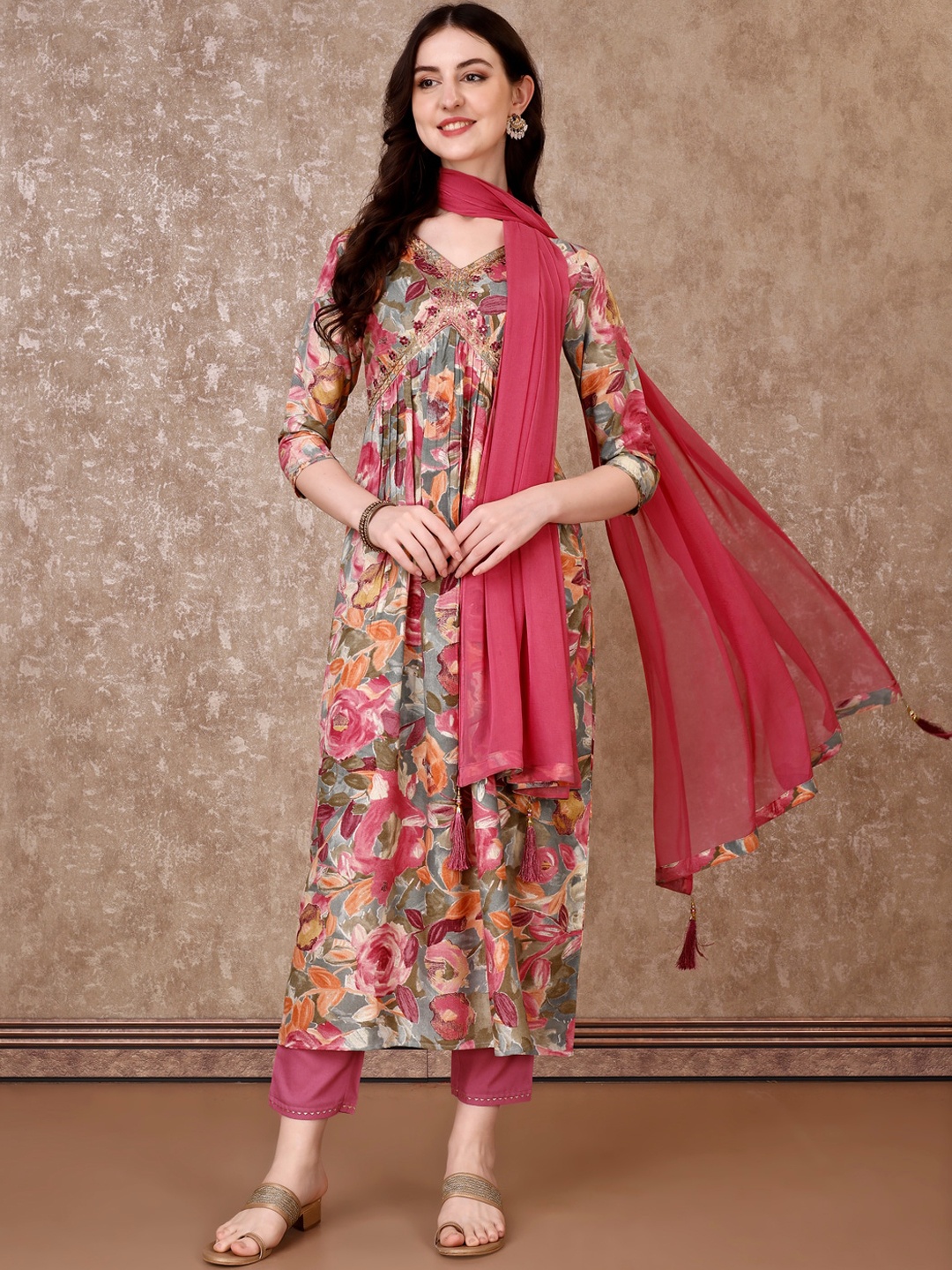 

KALINI Floral Printed Regular Thread Work Kurta With Trouser & Dupatta, Pink