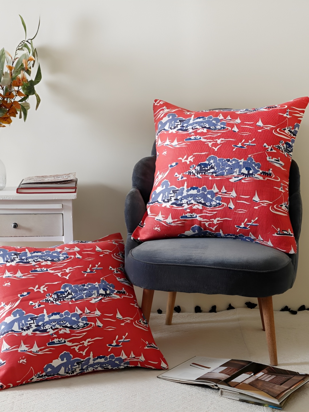 

Ratan Cart Red & Blue 2 Pieces Abstract Printed Linen Square Cushion Covers