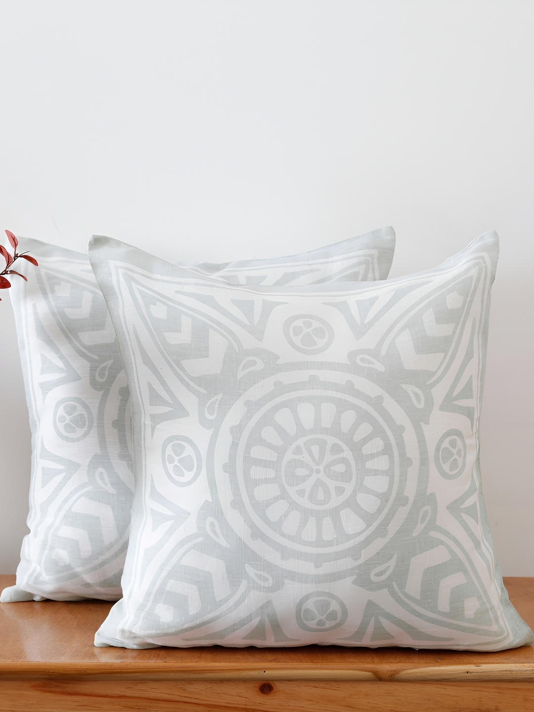 

Ratan Cart White & Grey 2 Pieces Ethnic Motifs Printed Linen Square Cushion Covers