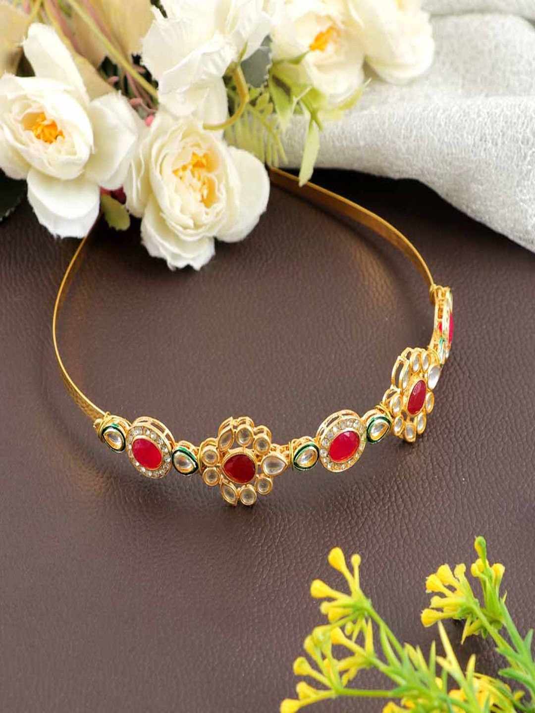 UNIVERSITY TRENDZ Gold-Plated Kundan Studded Sheeshphool Head Jewellery, Red