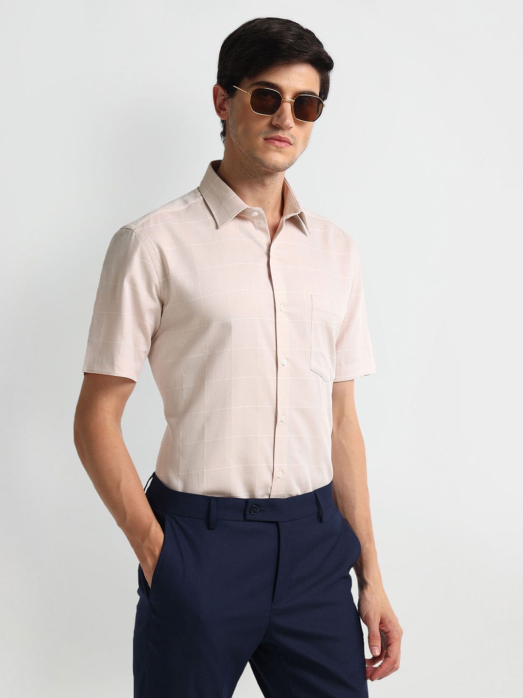 

Arrow Spread Collar Short Sleeves Cotton Formal Shirt, Beige