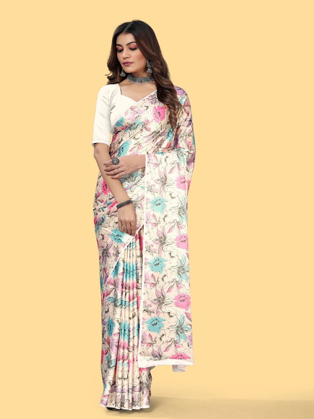 

KALINI Floral Satin Jamdani Saree, Beige