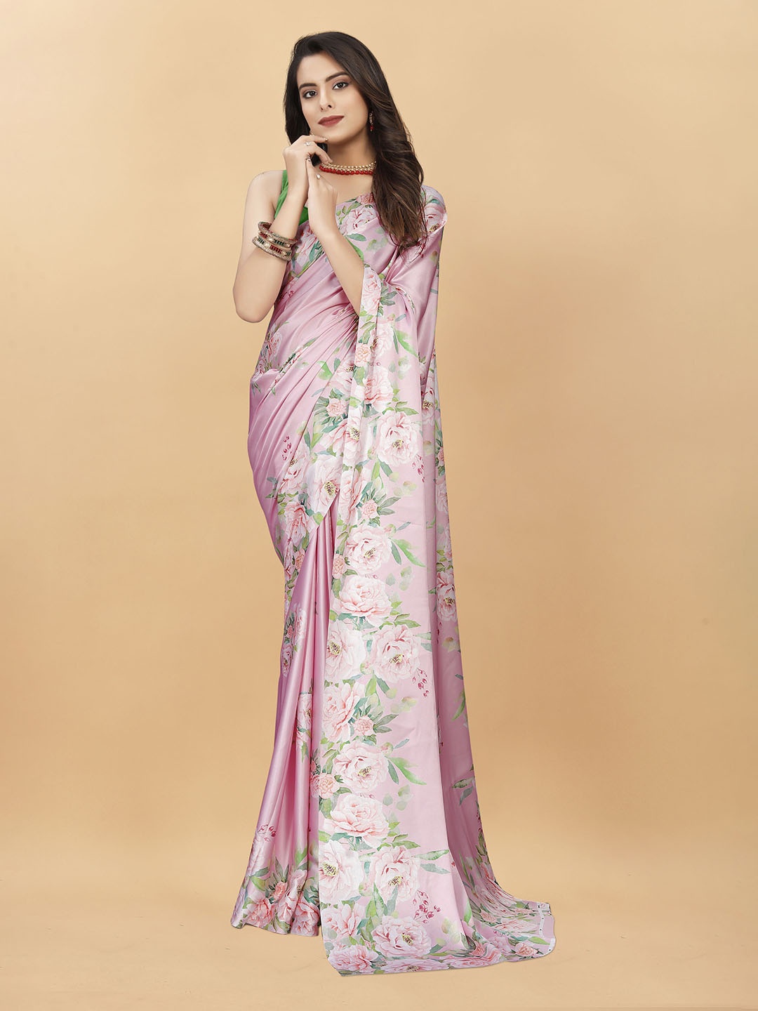 

KALINI Floral Satin Saree, Peach