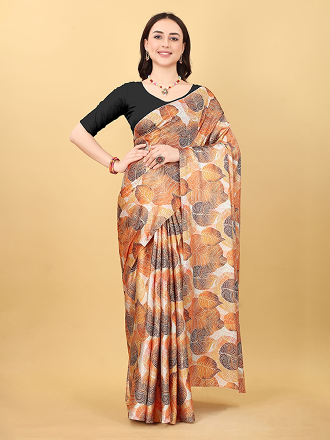 

KALINI Floral Satin Banarasi Saree, Brown