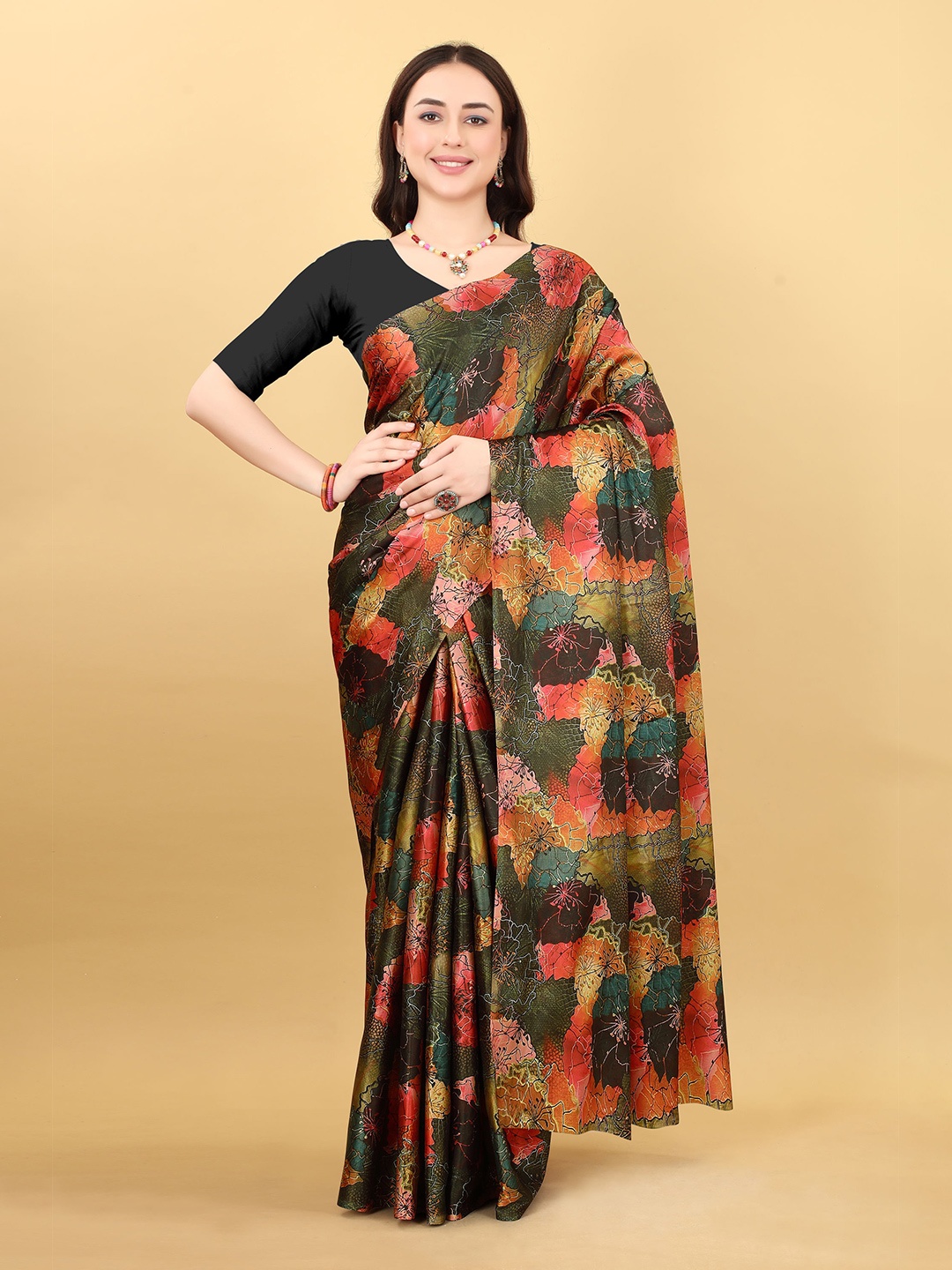 

KALINI Floral Satin Banarasi Saree, Green