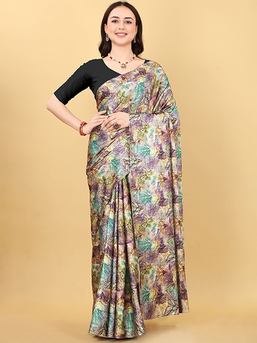 

KALINI Floral Satin Banarasi Saree, Purple