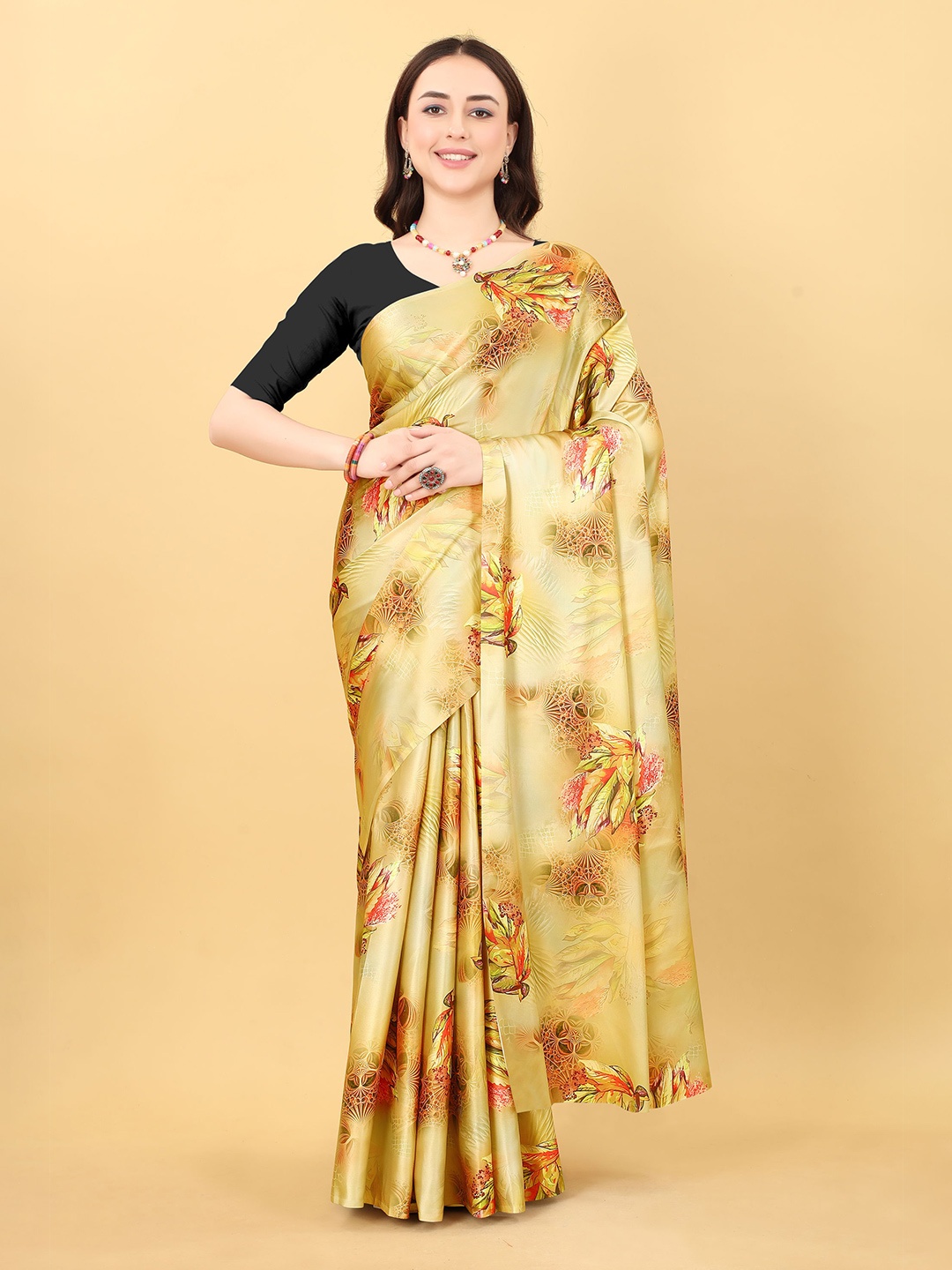 

KALINI Floral Satin Saree, Yellow