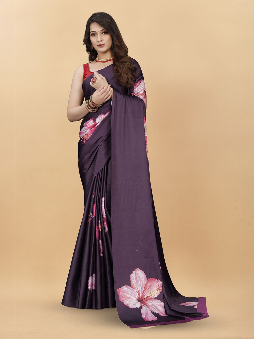 

KALINI Floral Satin Saree, Purple