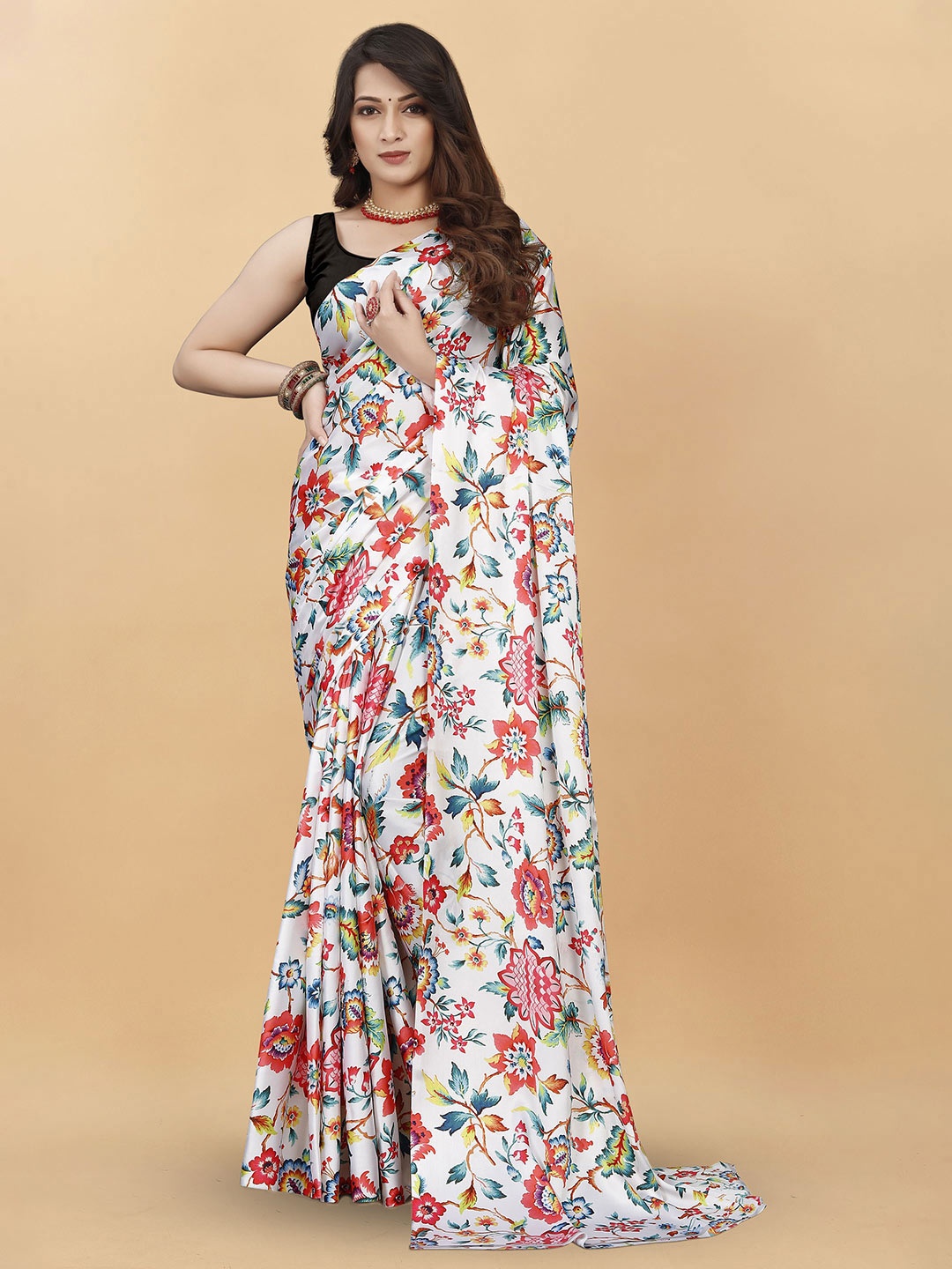 

KALINI Floral Satin Saree, White