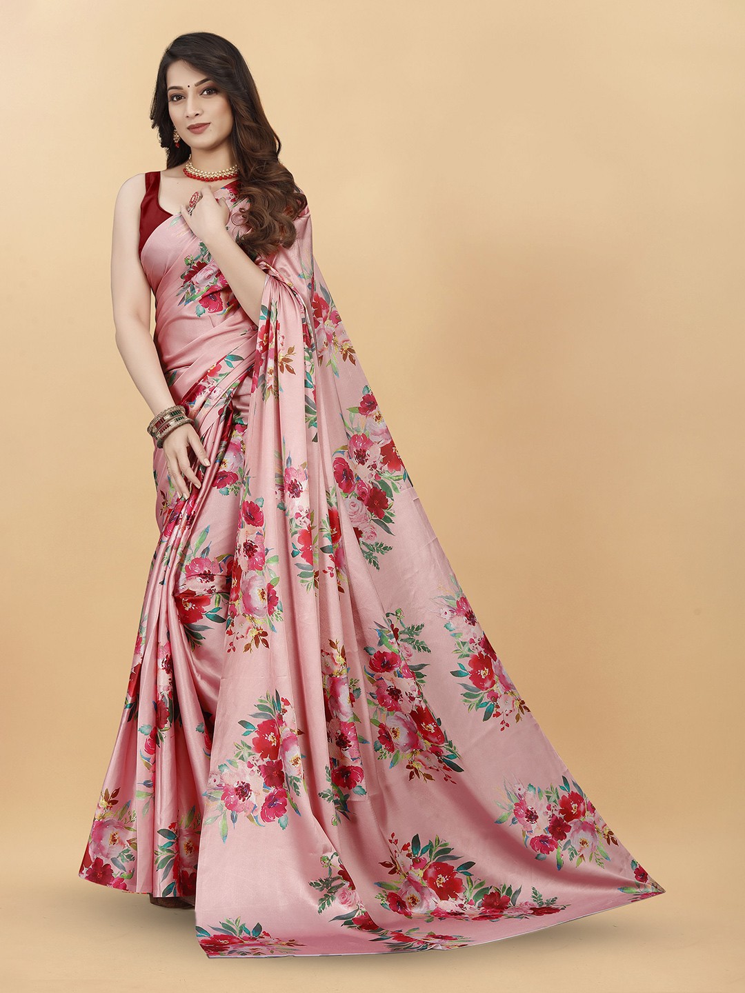 

KALINI Floral Satin Saree, Peach