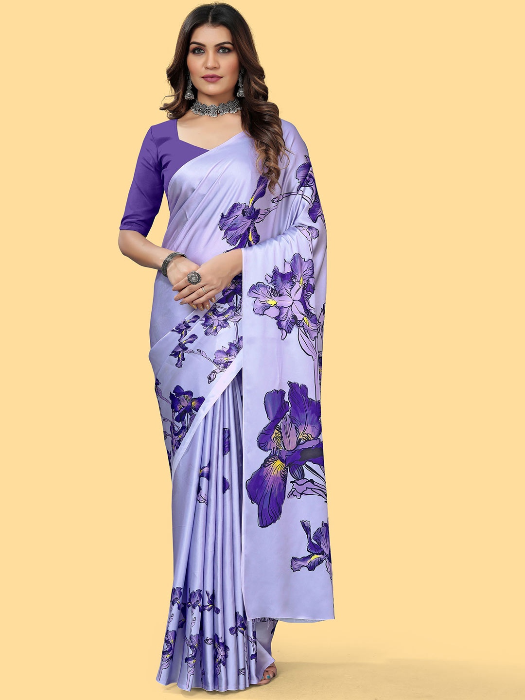 

KALINI Floral Satin Saree, Purple