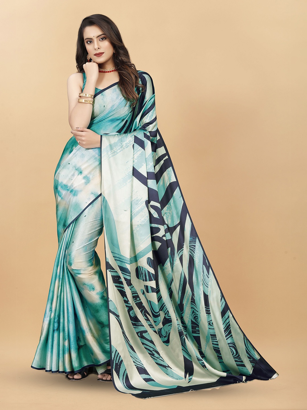 

KALINI Abstract Print Satin Saree, Blue