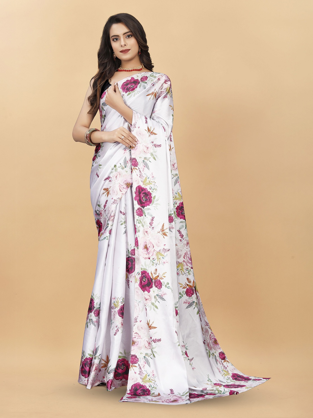 

KALINI Ethnic Motifs Satin Banarasi Saree, White