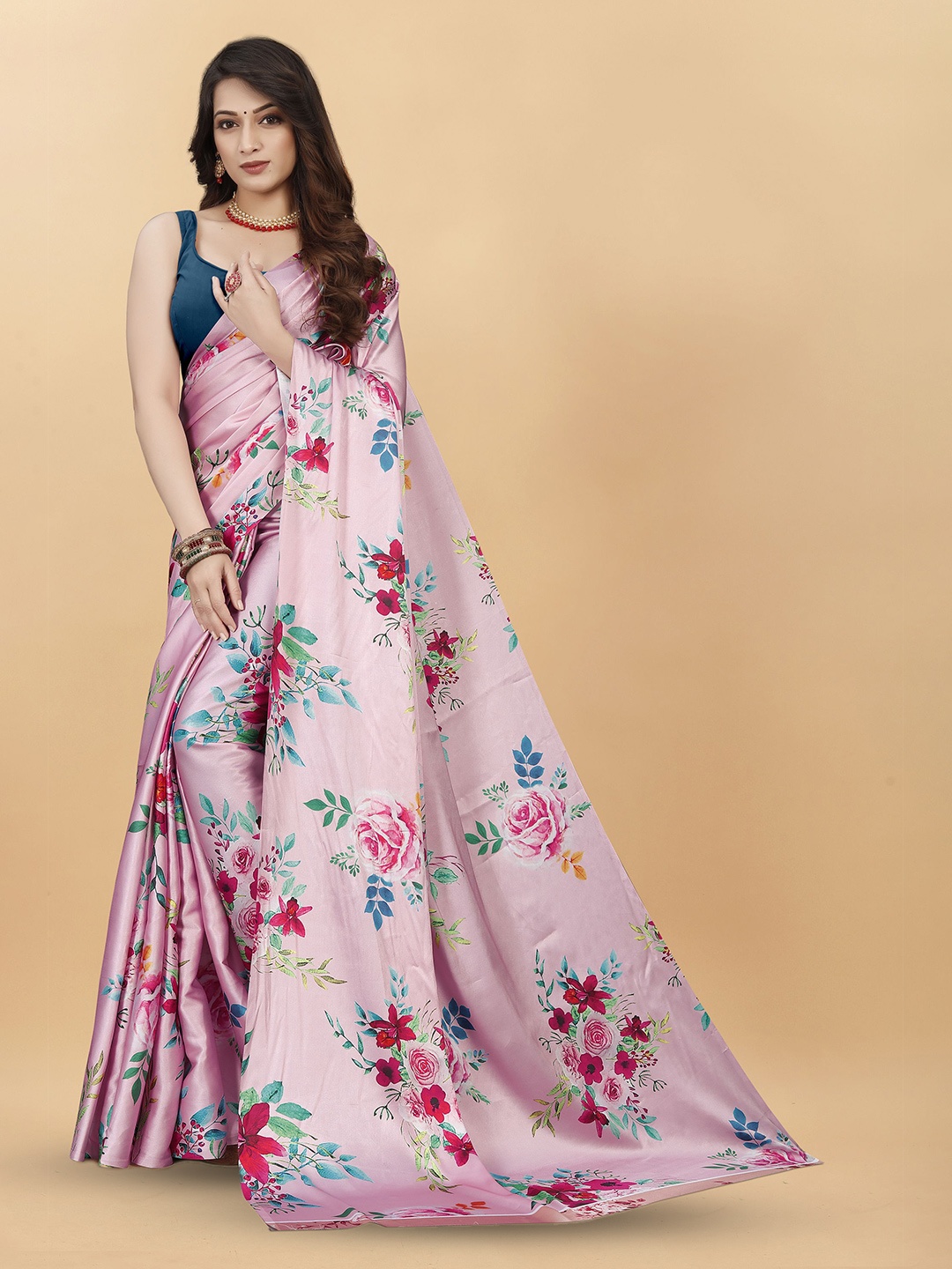 

KALINI Floral Printed Satin Saree, Pink