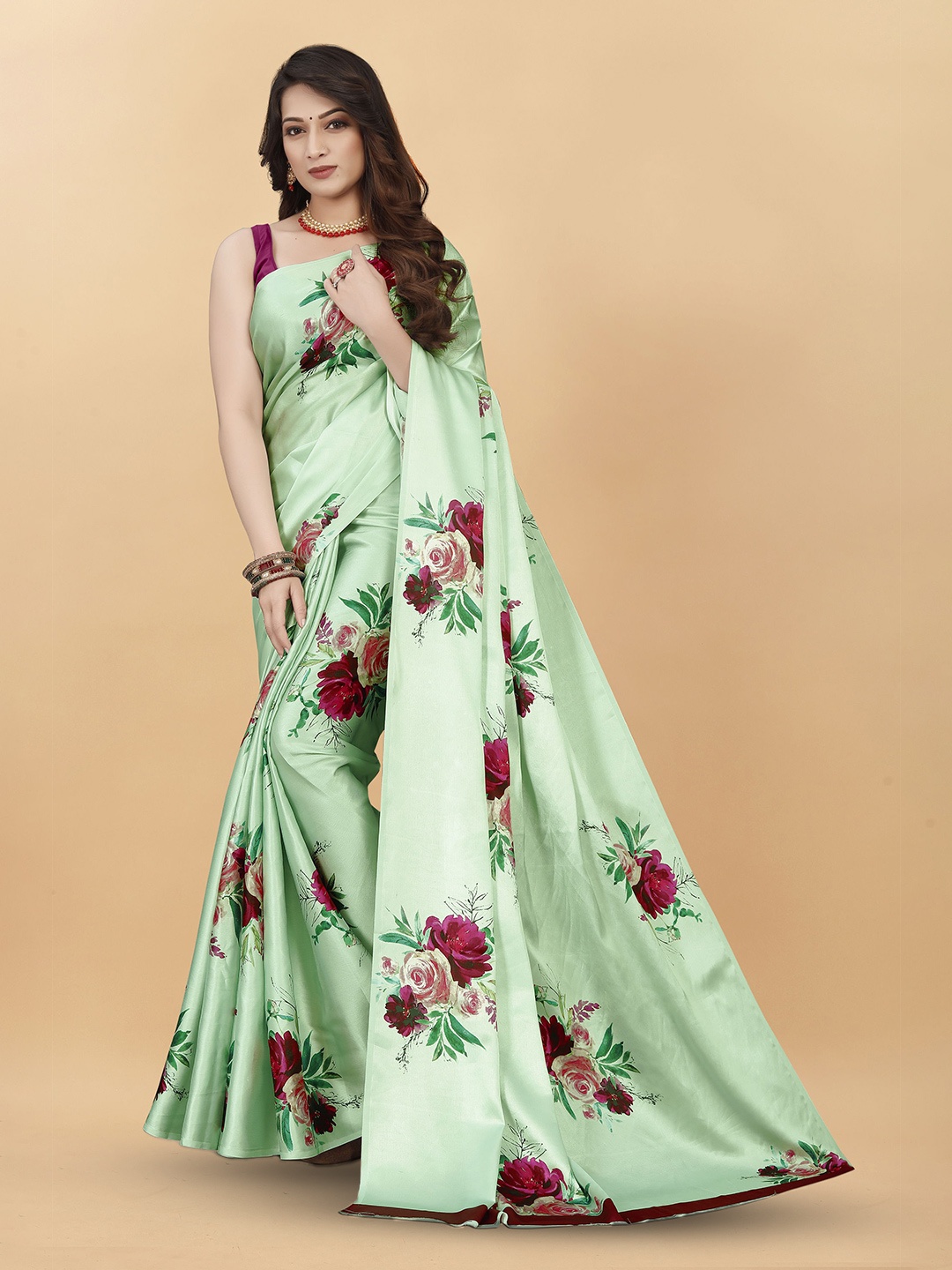 

KALINI Floral Satin Banarasi Saree, Green