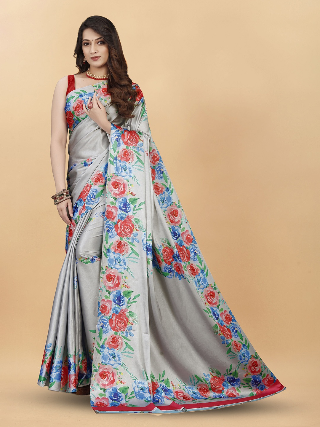 

KALINI Ethnic Motifs Satin Banarasi Saree, Grey