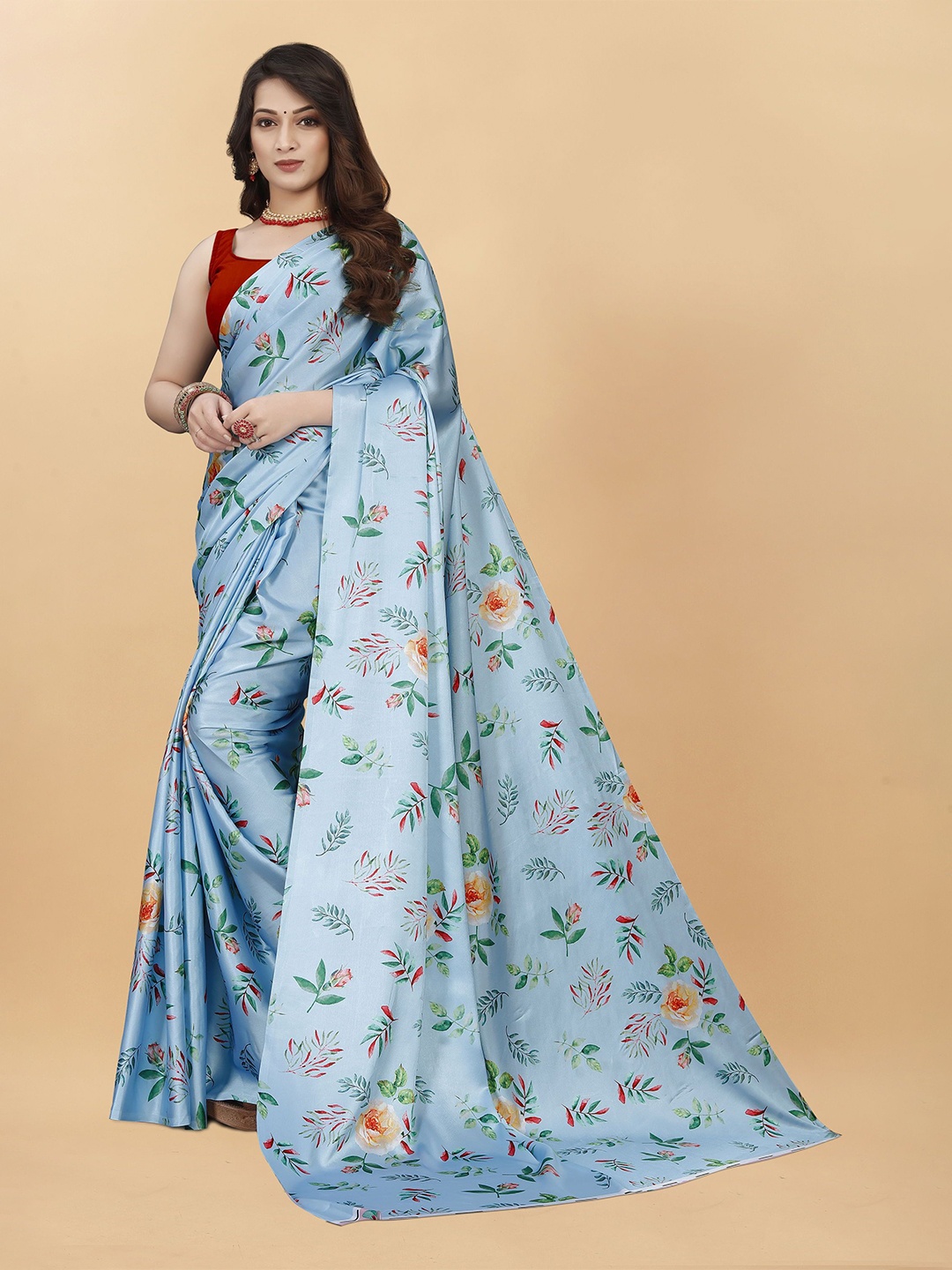

KALINI Floral Satin Banarasi Saree, Blue