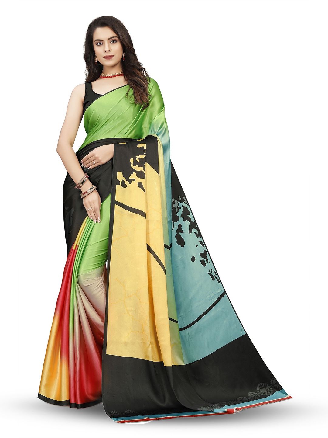 

KALINI Abstract Printed Satin Saree, Green