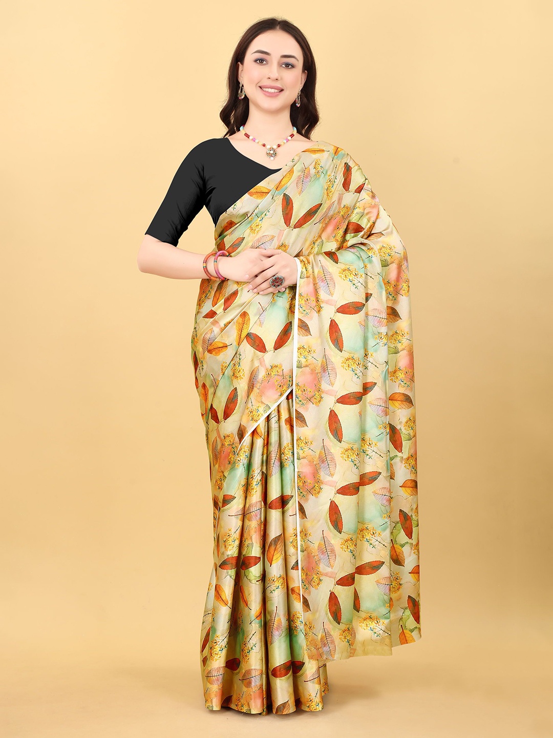 

KALINI Floral Satin Saree, Beige