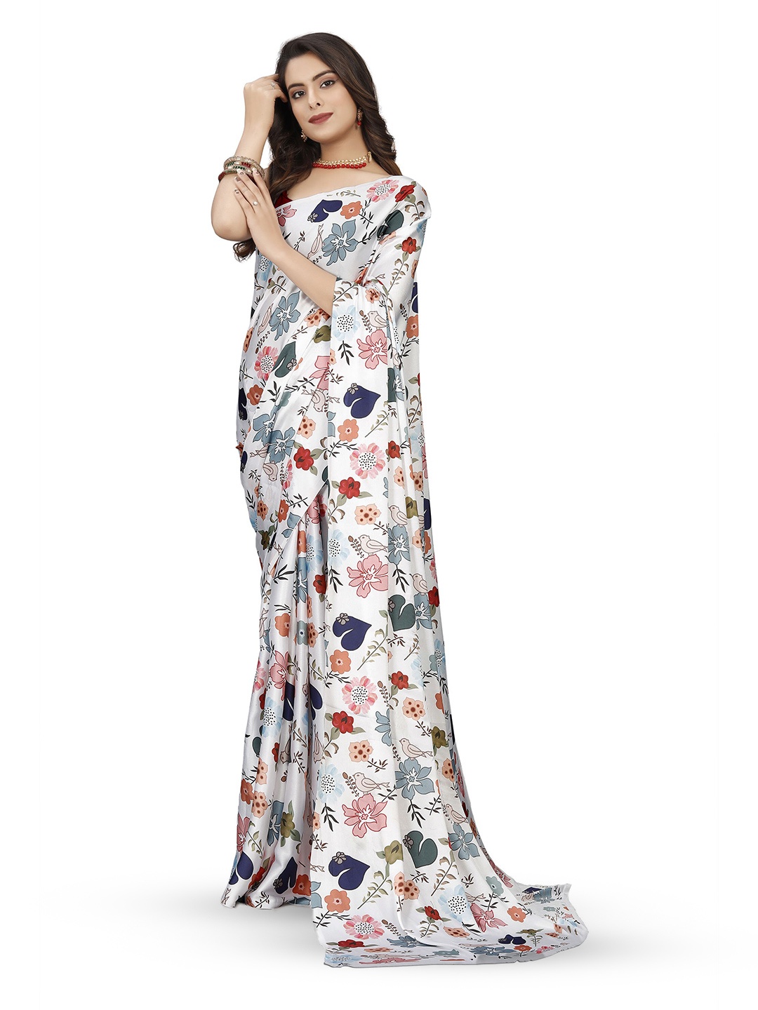 

KALINI Floral Satin Saree, White